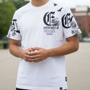 White Graphic Tee with Black Lettering Mens Size Large